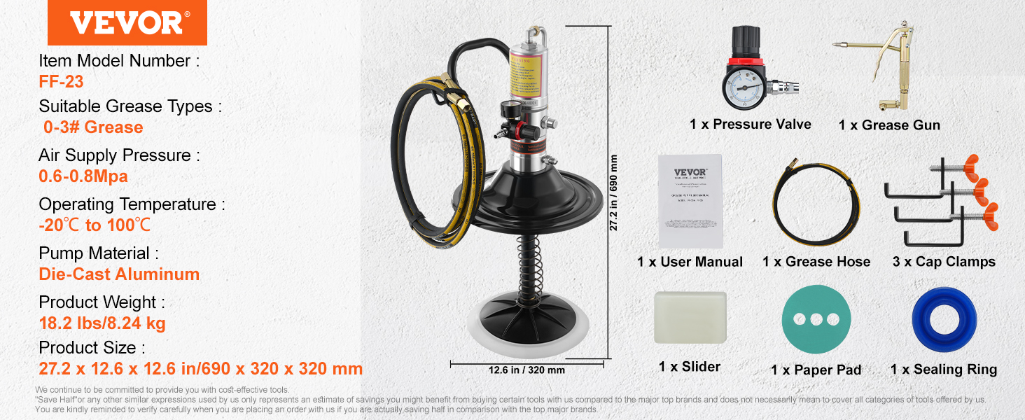 VEVOR grease pump ff-23 with accessories: pressure valve, grease gun, hose, clamps, and user manual.