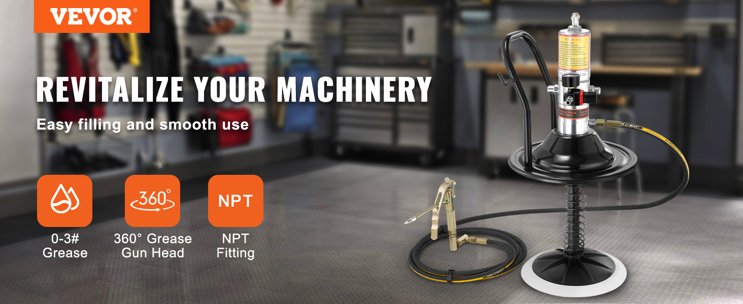 VEVOR grease pump with 360° grease gun head, 0-3# grease, and npt fitting for machinery revitalization.