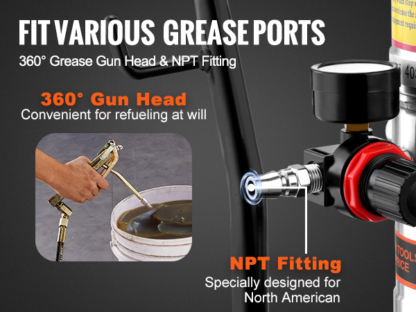 VEVOR grease pump with 360° gun head and npt fitting, fits various grease ports.