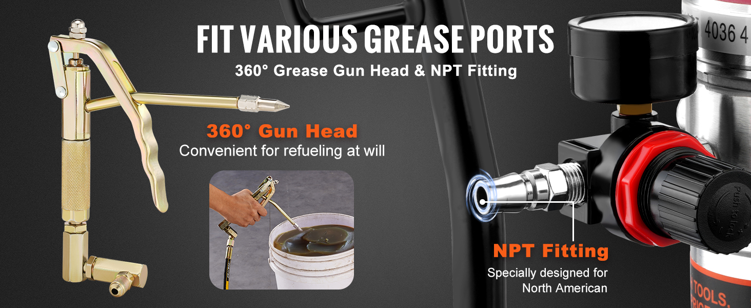 VEVOR grease pump with 360° gun head and npt fitting, fits various grease ports.