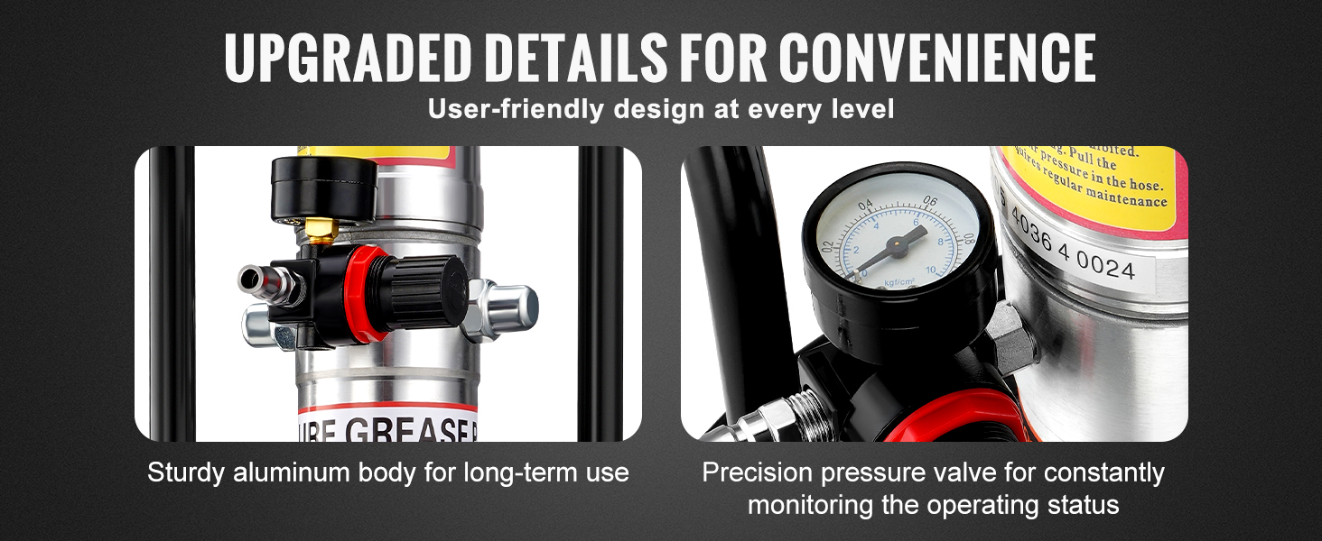 VEVOR grease pump with sturdy aluminum body and precision pressure valve for easy monitoring.