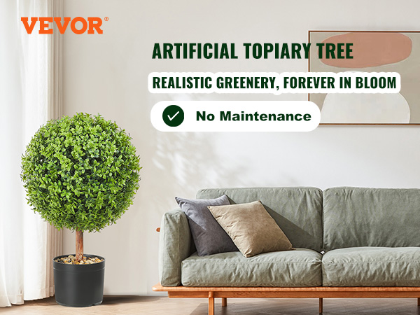 VEVOR artificial boxwood ball next to gray sofa with pillows, highlighting no maintenance greenery.