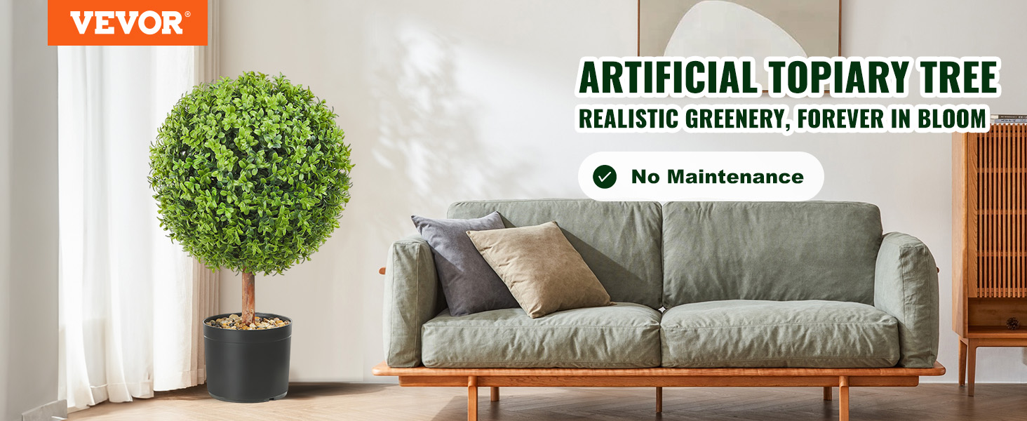 VEVOR artificial boxwood ball next to gray sofa with pillows, highlighting no maintenance greenery.