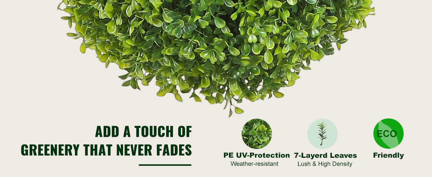 VEVOR artificial boxwood ball showcasing lush green leaves with pe uv protection and eco-friendly features.