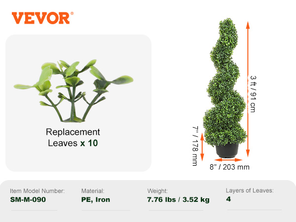 VEVOR artificial boxwood topiary, spiral shape, 3 ft tall, with replacement leaves, model sm-m-090.