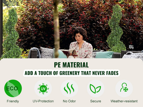 VEVOR artificial boxwood topiary in a garden setting with informational icons and a cozy outdoor seating area.