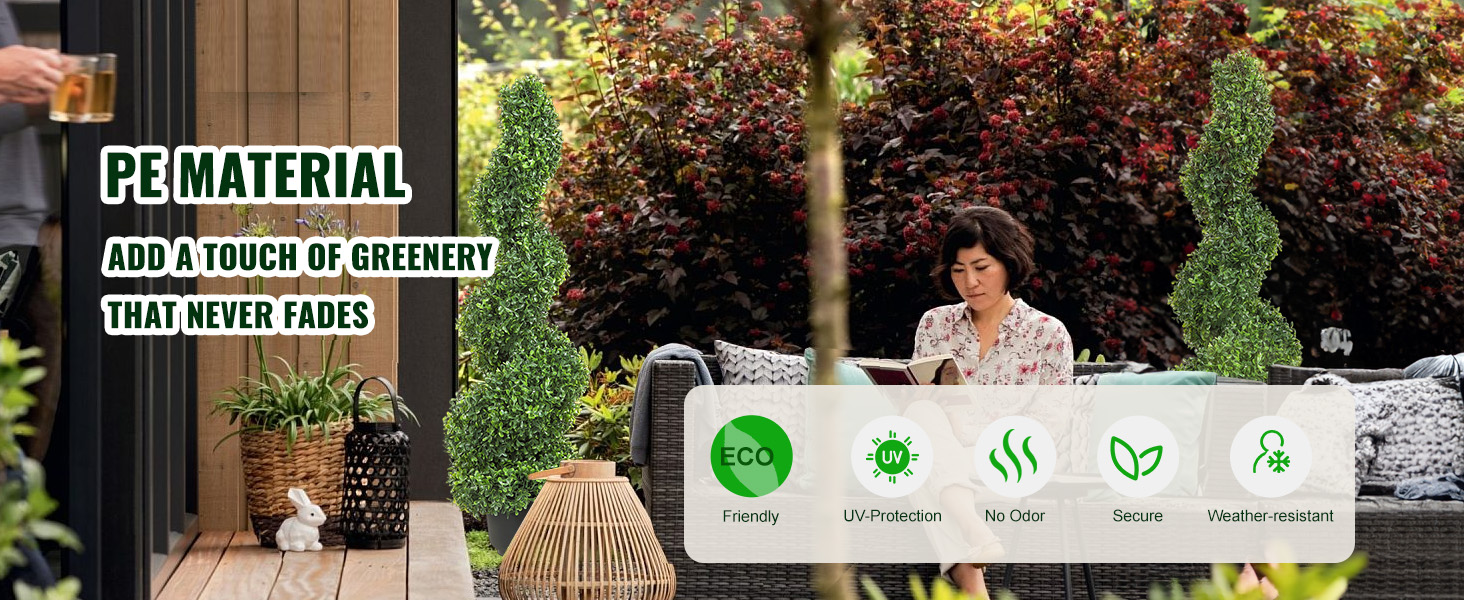 VEVOR artificial boxwood topiary in a garden setting with informational icons and a cozy outdoor seating area.