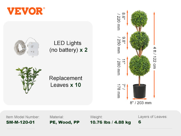 VEVOR artificial topiaries with led lights and replacement leaves, 4 ft tall, item sm-m-120-01.
