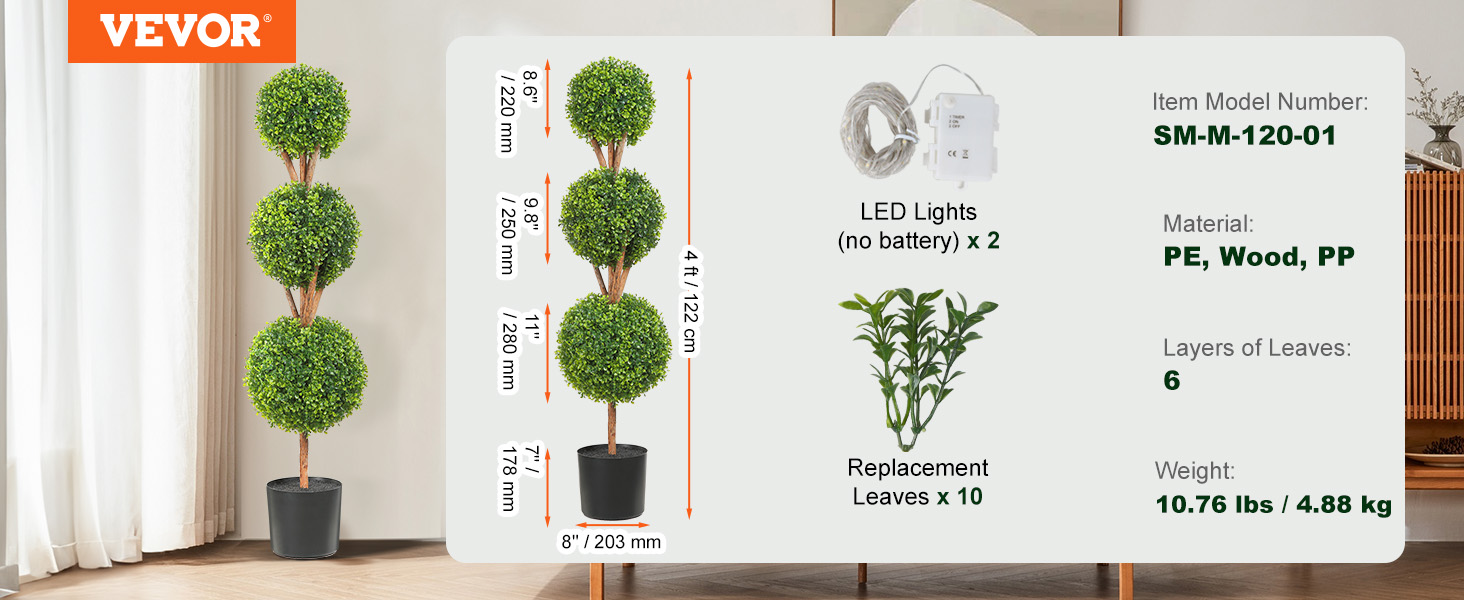 VEVOR artificial topiaries with led lights and replacement leaves, 4 ft tall, item sm-m-120-01.