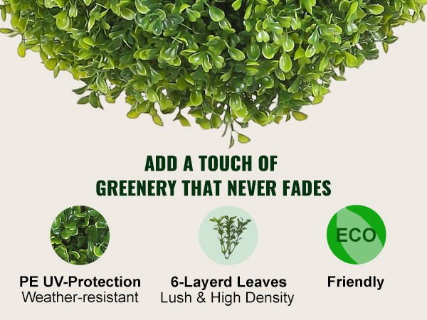 green VEVOR artificial topiaries with pe uv-protection and 6-layered lush leaves, eco-friendly.