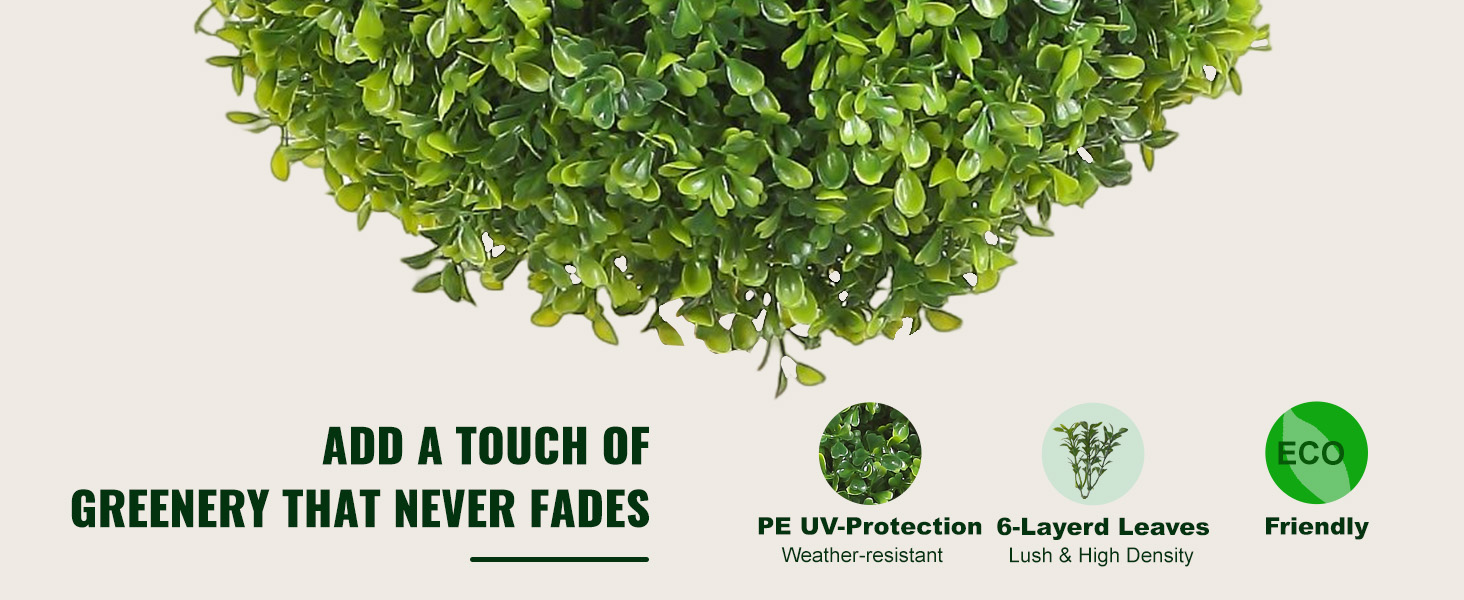 green VEVOR artificial topiaries with pe uv-protection and 6-layered lush leaves, eco-friendly.