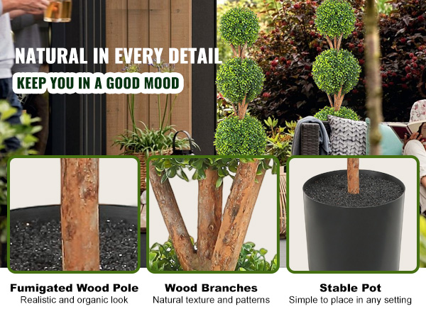 VEVOR artificial topiaries in a garden setting with wooden branches, fumigated wood pole, and stable pot.