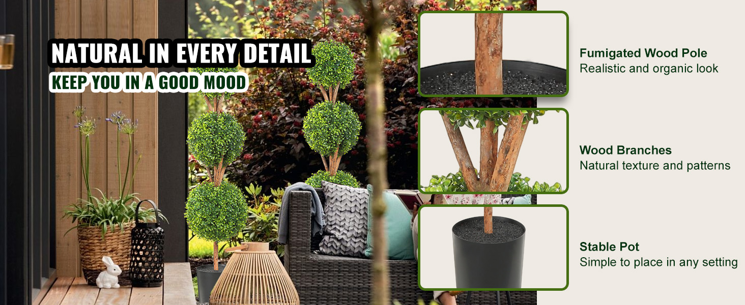 VEVOR artificial topiaries in a garden setting with wooden branches, fumigated wood pole, and stable pot.