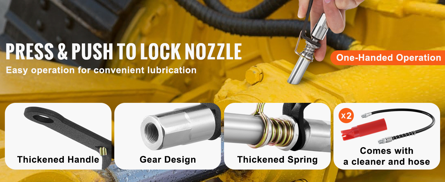 VEVOR grease gun coupler with press and push to lock nozzle, one-handed operation, and accessories.