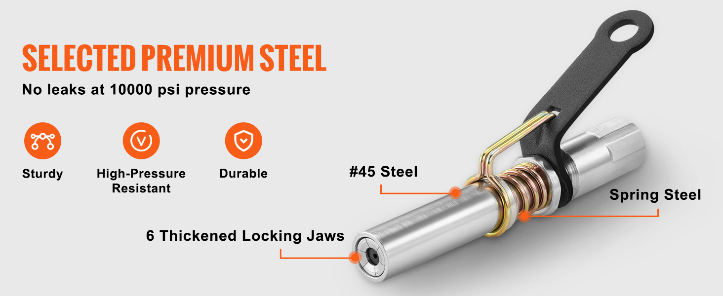VEVOR grease gun coupler made from premium steel, high-pressure resistant, featuring 6 thickened locking jaws.