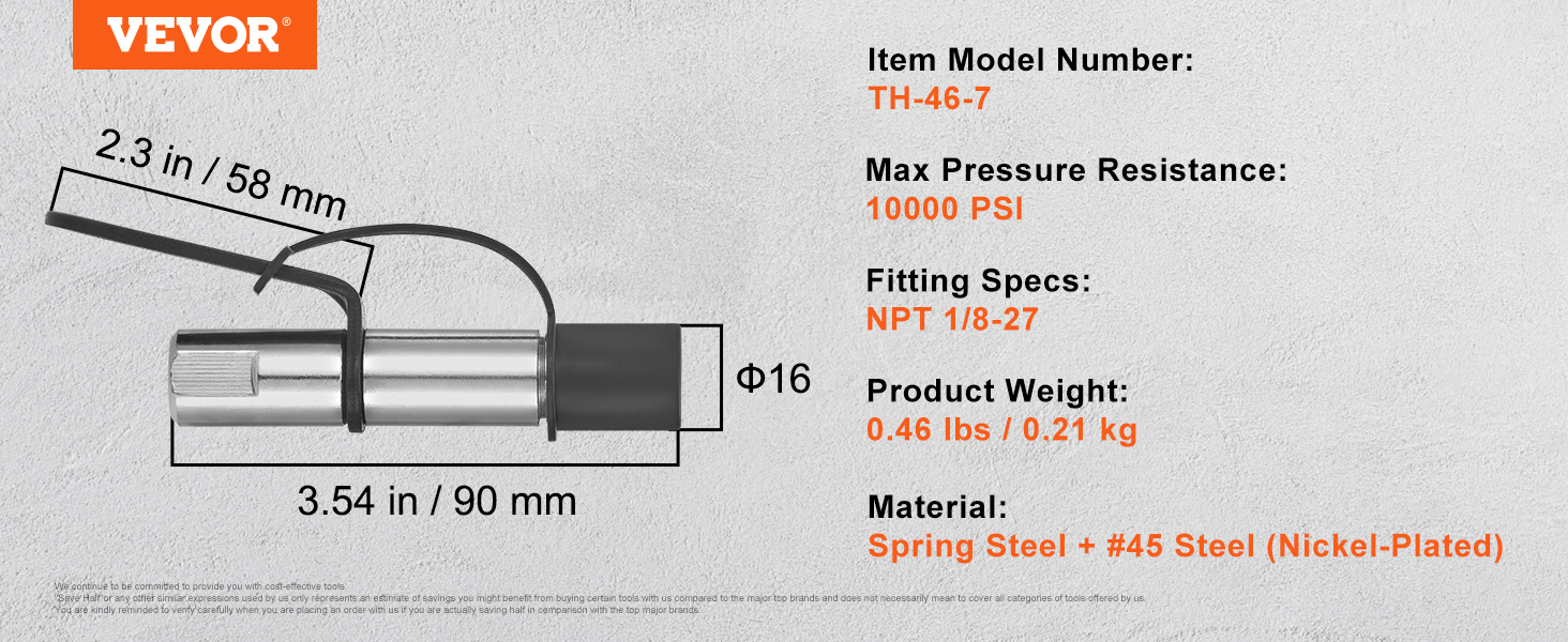 VEVOR grease gun coupler, model th-46-7, 10000 psi, npt 1/8-27, 0.46 lbs, spring steel + #45 steel.
