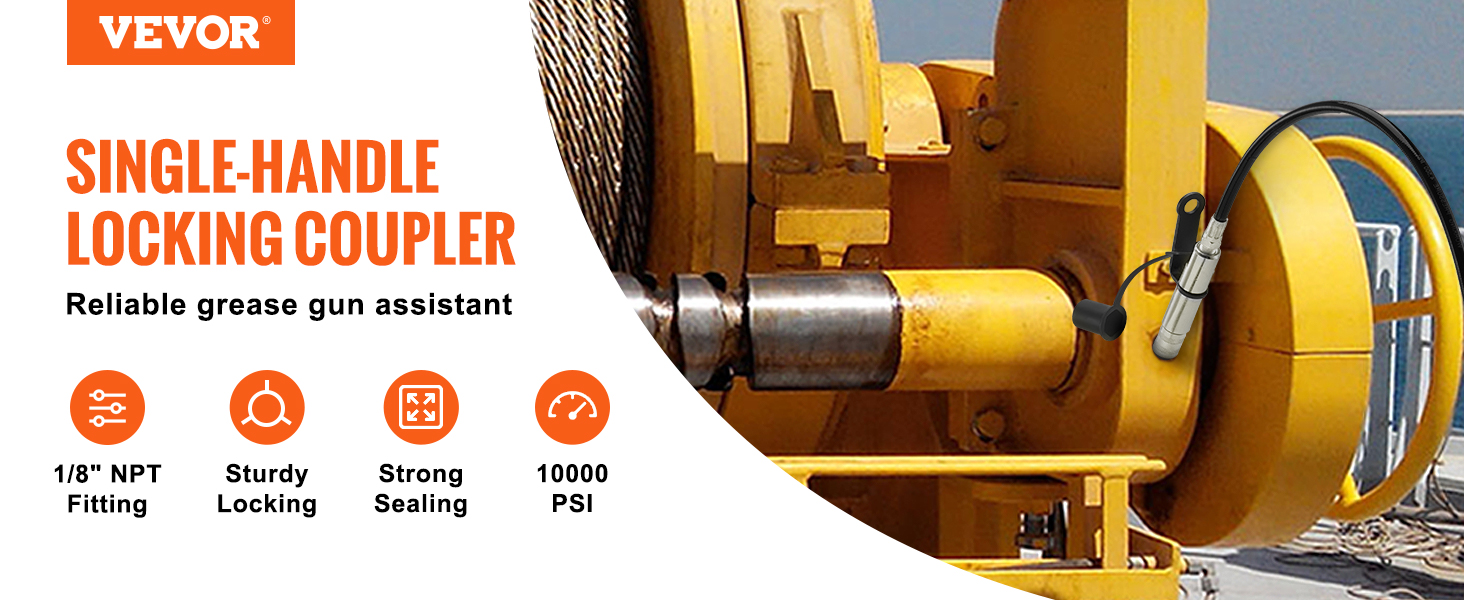 VEVOR grease gun coupler with single-handle locking, 1/8" npt fitting, and 10000 psi capacity.