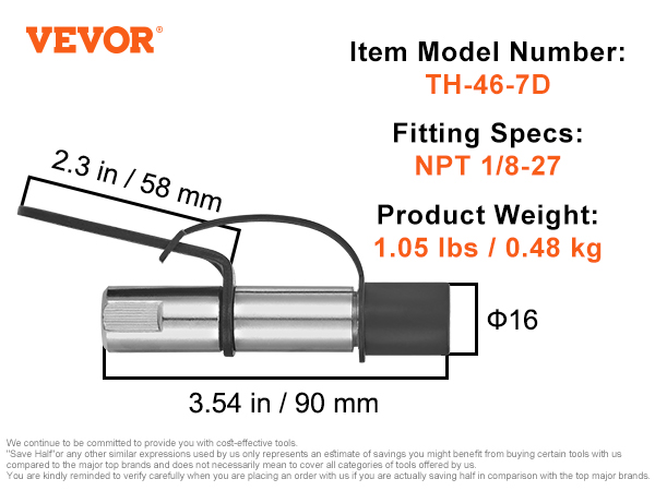 VEVOR grease gun coupler, model th-46-7d, 2.3 in by 3.54 in, max pressure 10000 psi, npt 1/8-27 fitting.