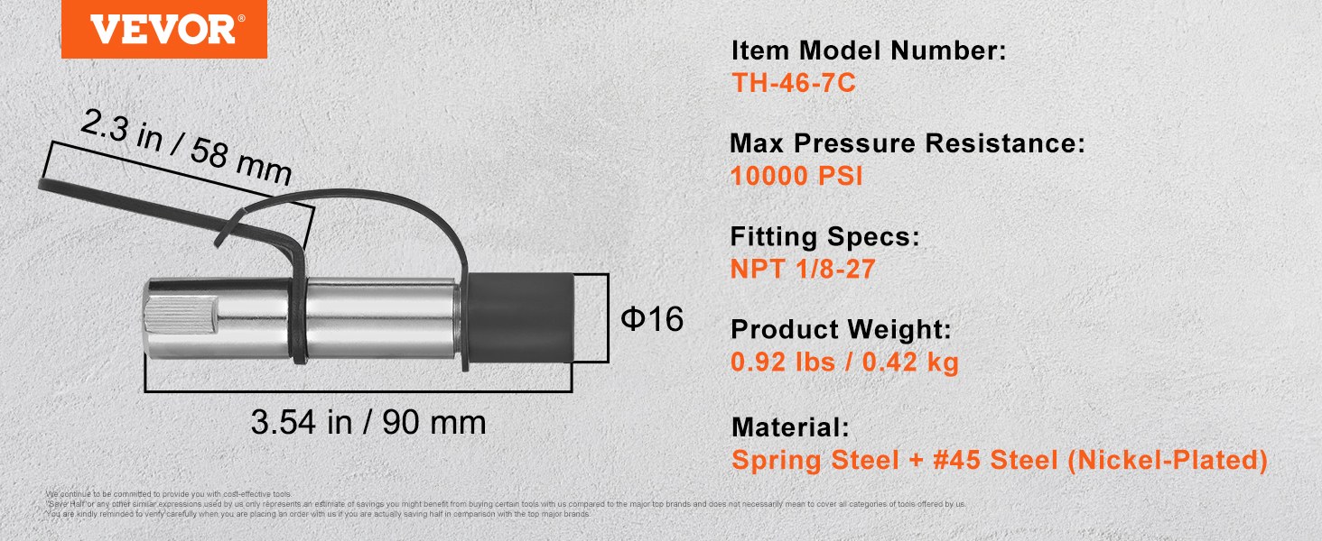 VEVOR grease gun coupler with spring steel, 10000 psi max, npt 1/8-27, 0.92 lbs, 3.54 in length.