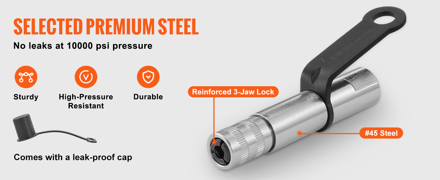 VEVOR grease gun coupler with reinforced 3-jaw lock, #45 steel, and leak-proof cap.