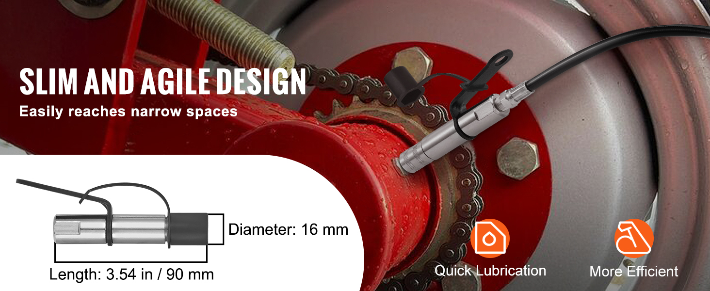 VEVOR grease gun coupler attached to machinery chain, showcasing slim design and precise lubrication.
