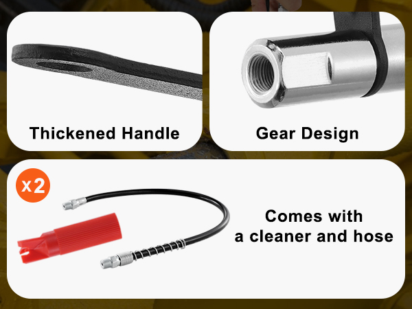 VEVOR grease gun coupler with thickened handle, gear design, cleaner, and hose for easy lubrication.