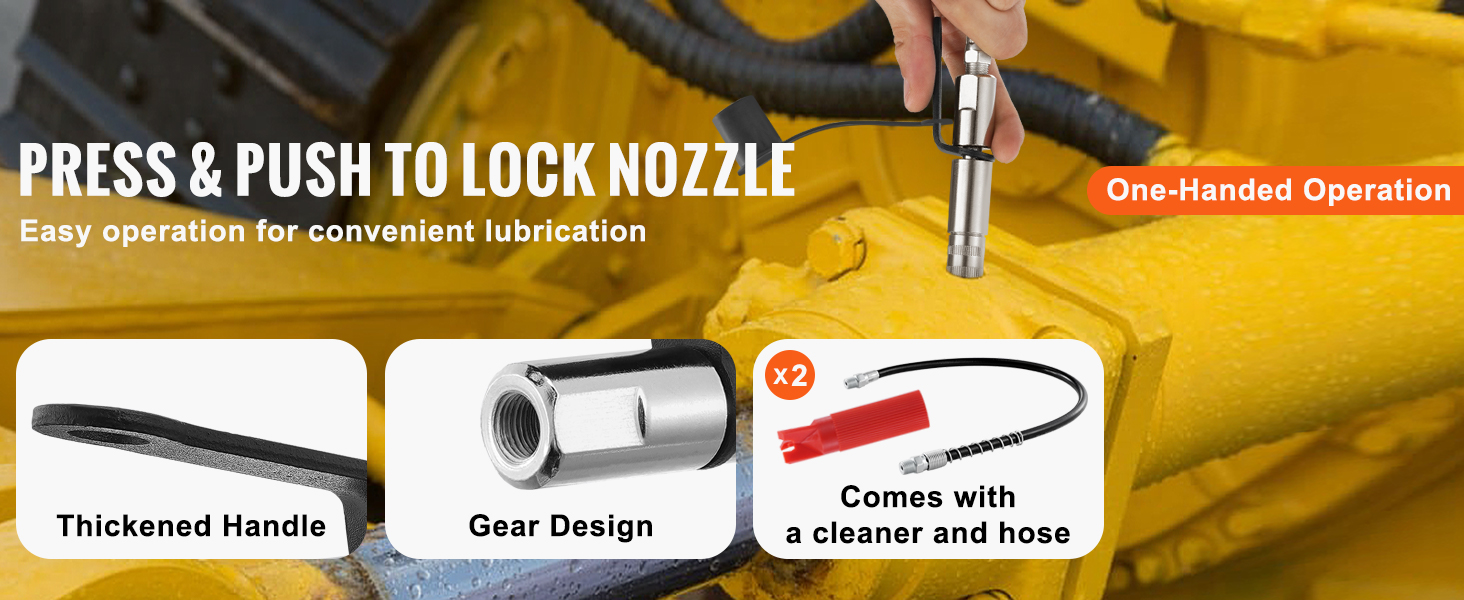 VEVOR grease gun coupler with thickened handle, gear design, cleaner, and hose for easy lubrication.