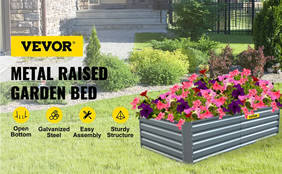 VEVOR raised garden bed with colorful flowers in a sunny backyard.