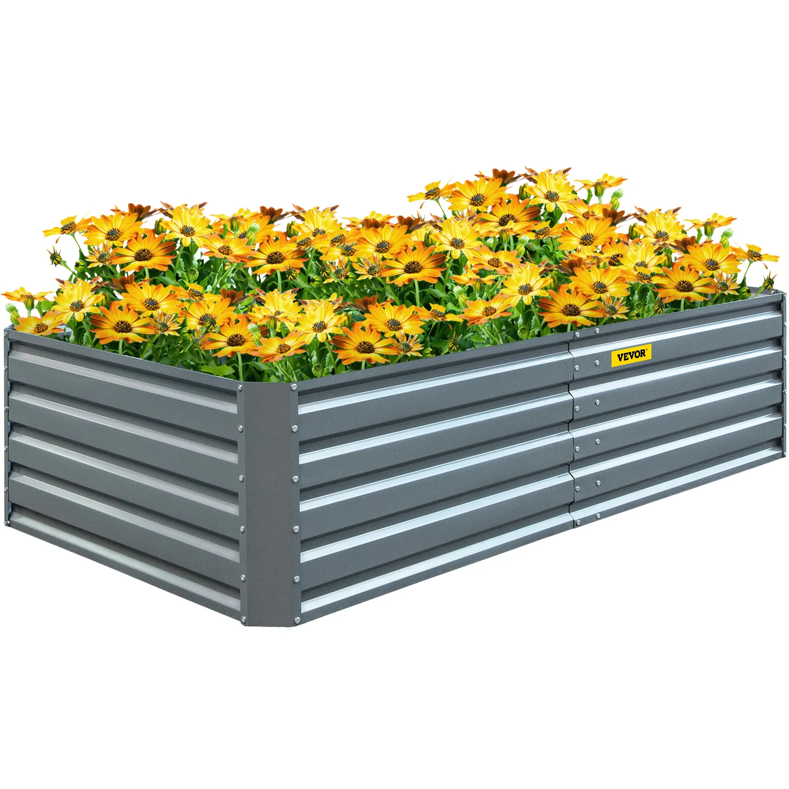VEVOR raised garden bed filled with vibrant yellow flowers, showcasing sturdy construction.