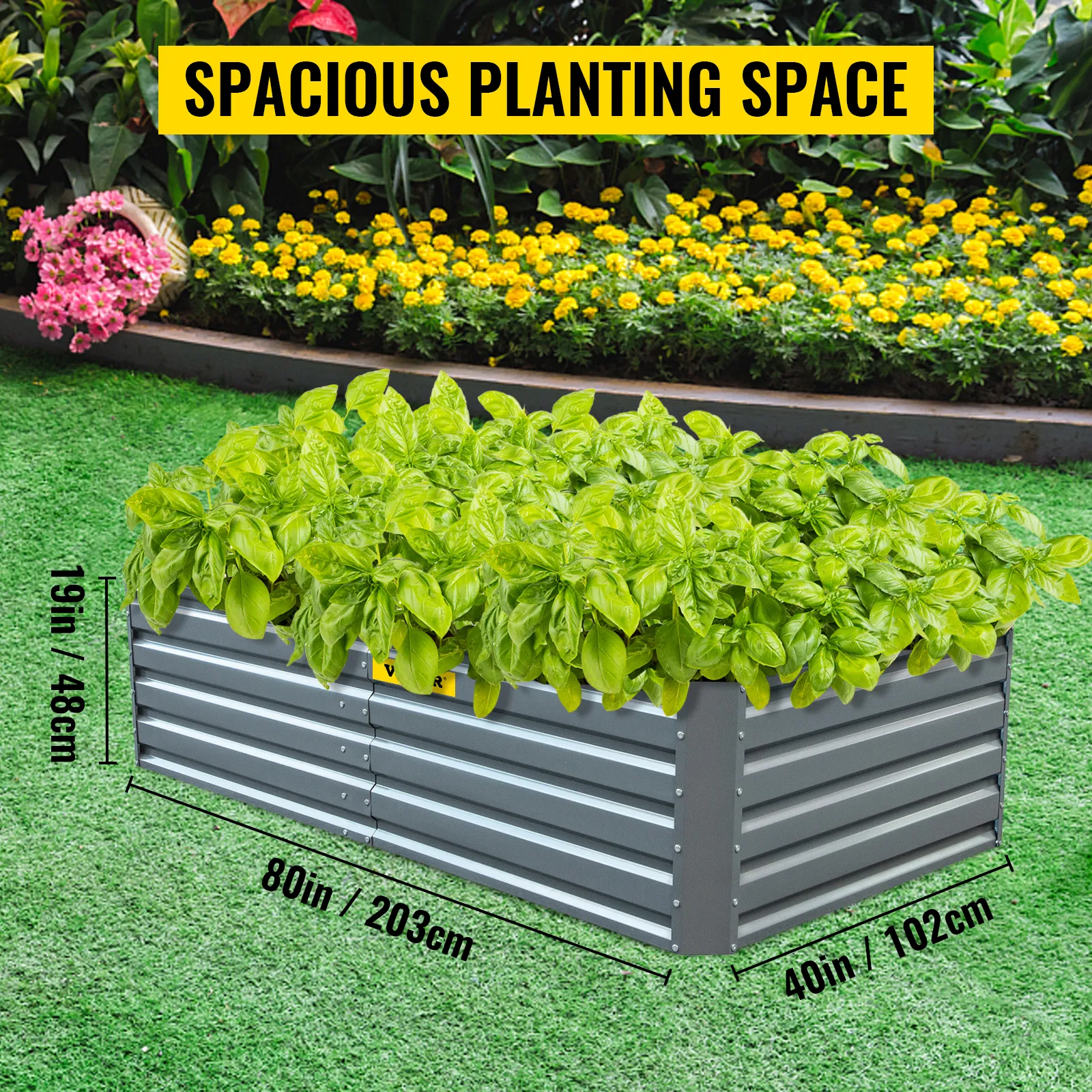 VEVOR raised garden bed with lush green plants in a spacious planting area.