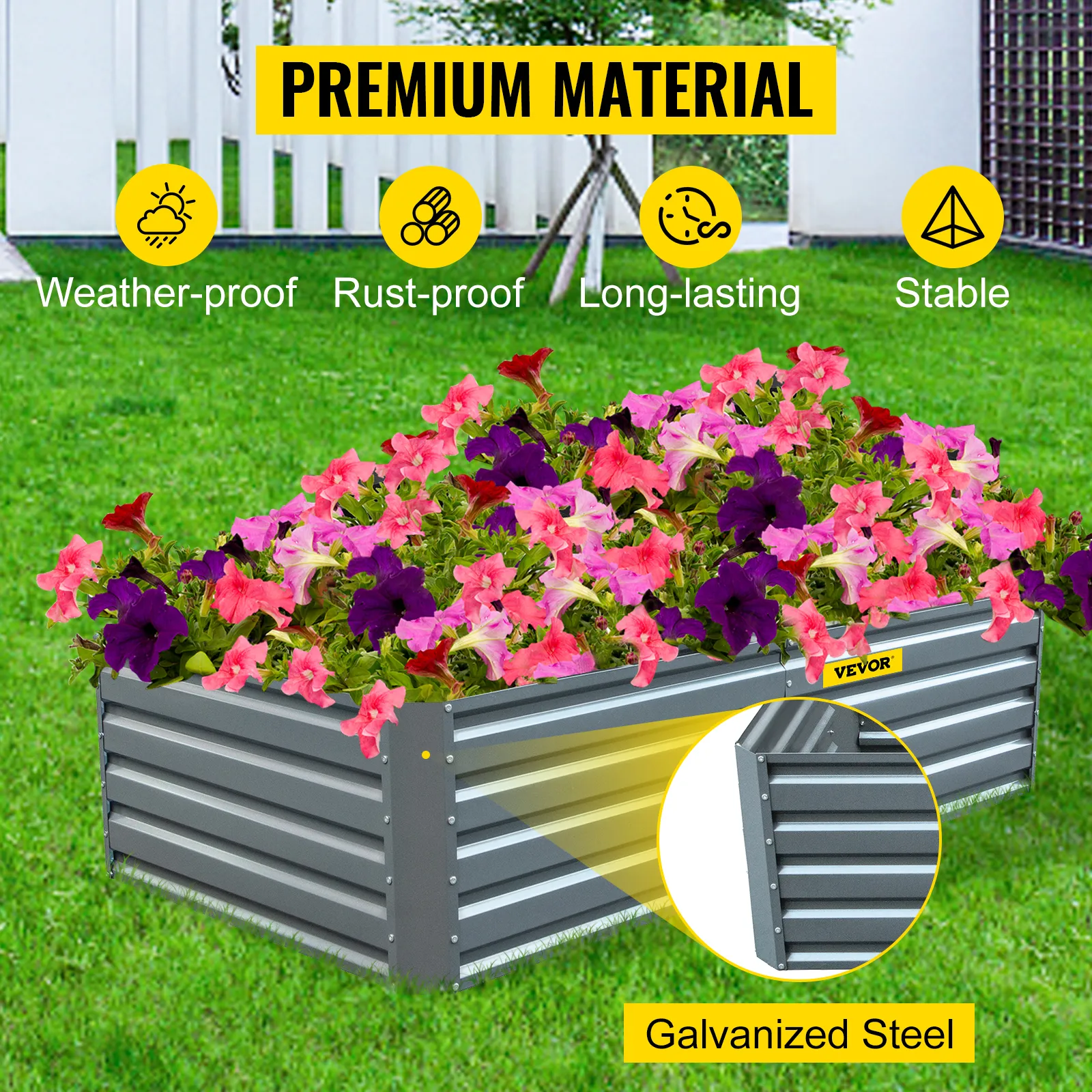 VEVOR raised garden bed made of galvanized steel with blooming flowers in a vibrant garden.