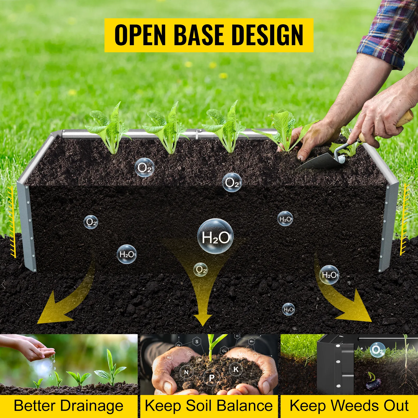 VEVOR raised garden bed with open base design for better drainage and soil balance.