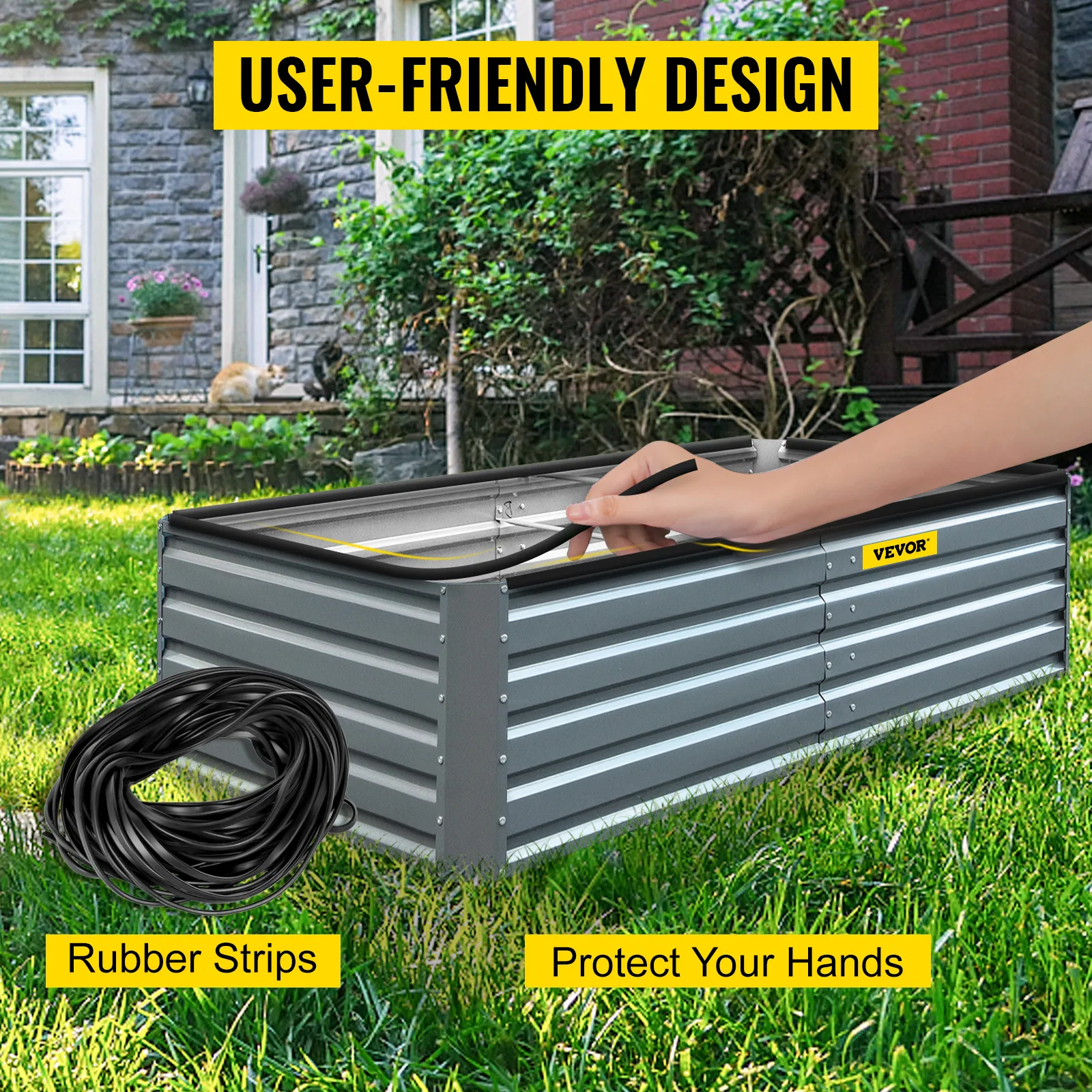 VEVOR raised garden bed with user-friendly design and included rubber strips for safety.