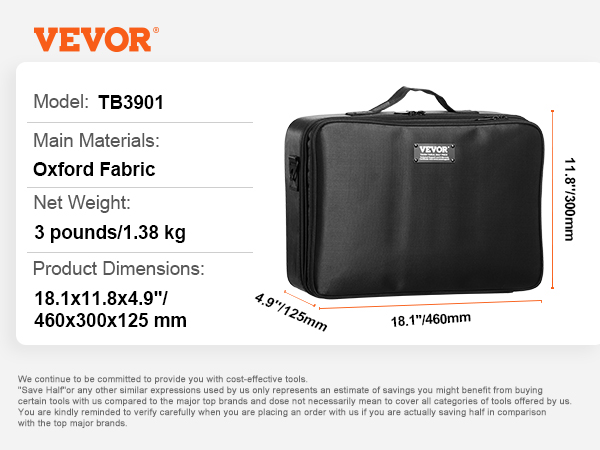 melns VEVOR kosmētikas vilciena futrālis tb3901 ar izmēriem 18,1x11,8x4,9 collas, izgatavots no oksfordas auduma.