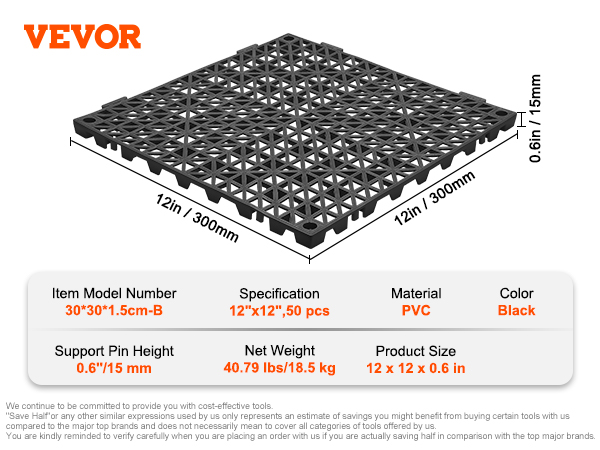 VEVOR drainage tiles, black pvc, 12"x12"x0.6", 50 pcs, 30"x30" model, 40.79 lbs.