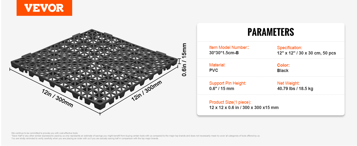 VEVOR drainage tiles, black pvc, 12"x12"x0.6", 50 pcs, 30"x30" model, 40.79 lbs.