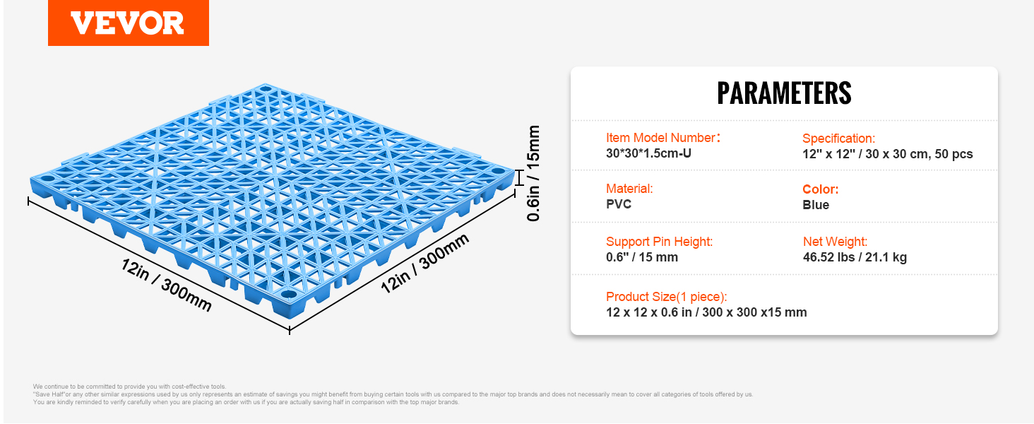 blue VEVOR interlocking drainage tiles, 12x12 inches, pvc, support pin height 0.6 inches, item model 30*30*1.5cm-u.