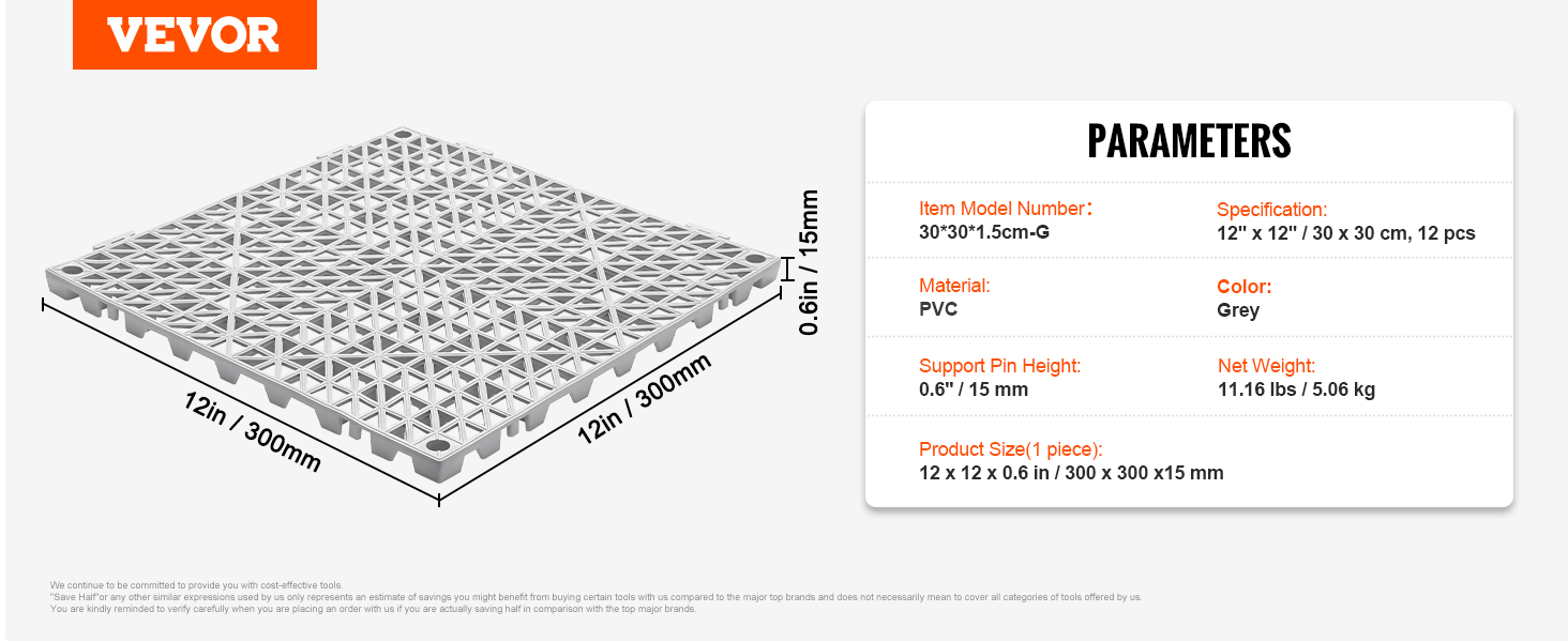 VEVOR modular interlocking cushion pvc, grey, 12x12in, 0.6in height, 11.16 lbs per piece, set of 12.