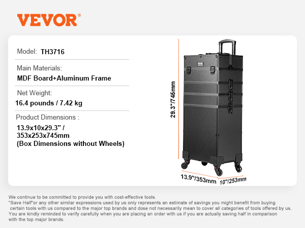 VEVOR makeup train case, model th3716 with mdf board and aluminum frame, 29.3" height, 13.9" width