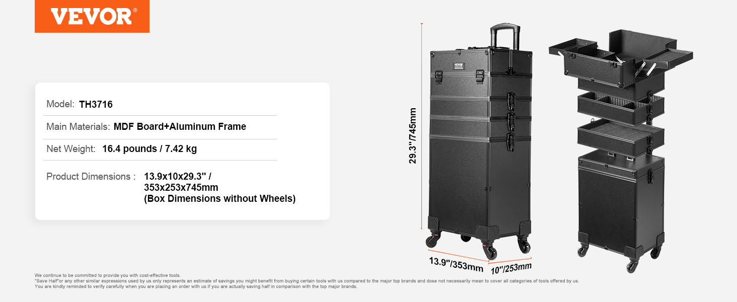 VEVOR makeup train case, model th3716 with mdf board and aluminum frame, 29.3" height, 13.9" width