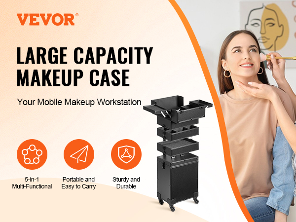 VEVOR makeup train case - large capacity, portable, durable, and multi-functional makeup workstation.