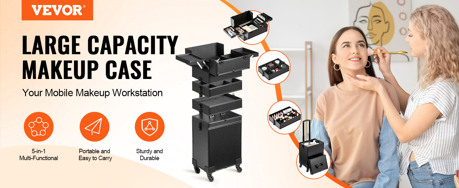 VEVOR makeup train case - large capacity, portable, durable, and multi-functional makeup workstation.