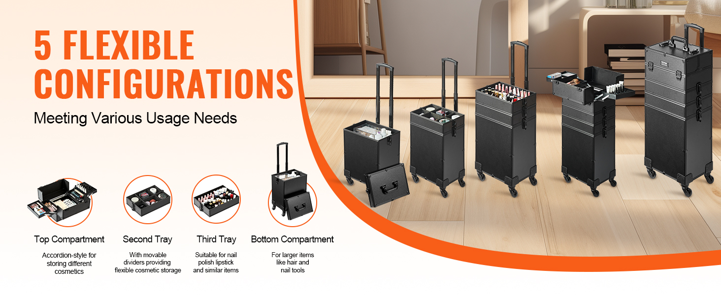 VEVOR makeup train case, 5 flexible configurations, multiple compartments for various cosmetic needs.