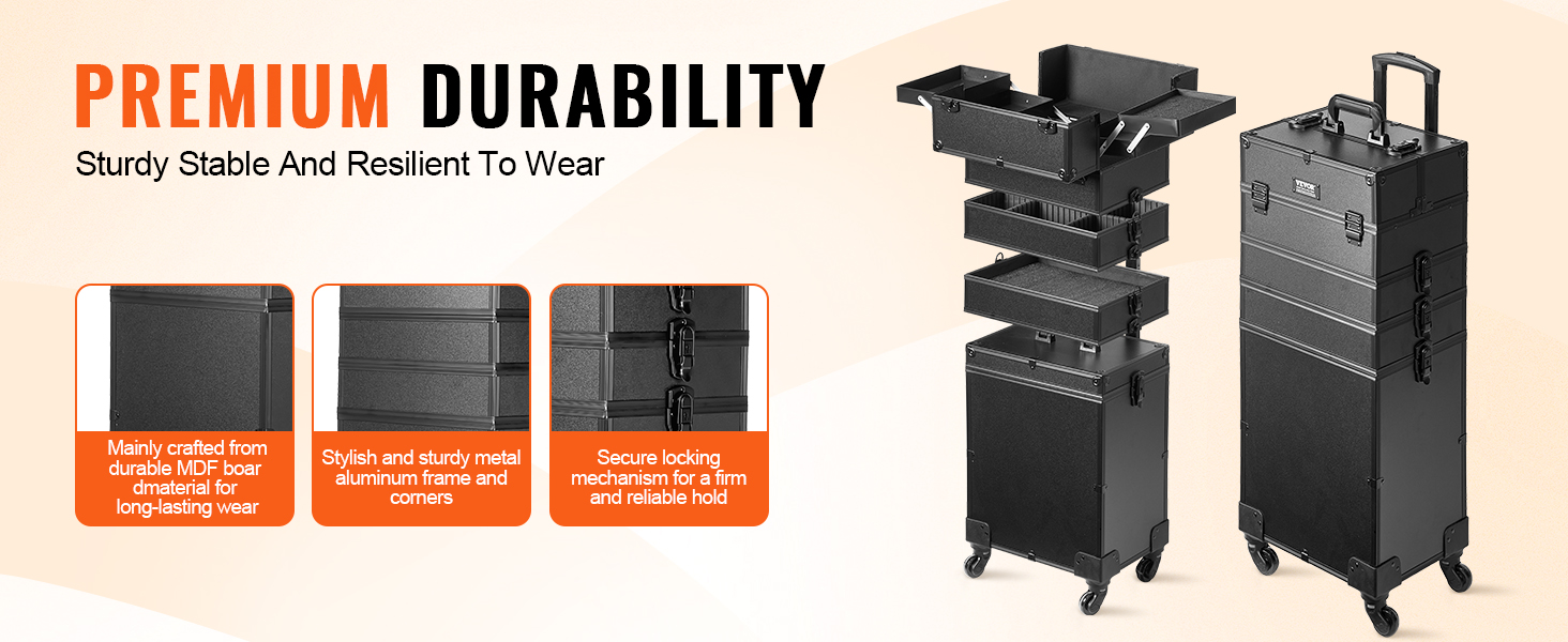 premium durability VEVOR makeup train case with metal frame, secure locks, and multiple trays.