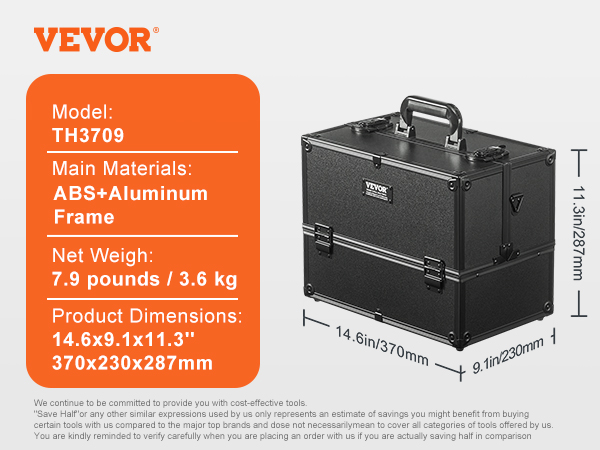 VEVOR makeup train case, model th3709, abs+aluminum, 7.9 lbs, 14.6x9.1x11.3 in, black.