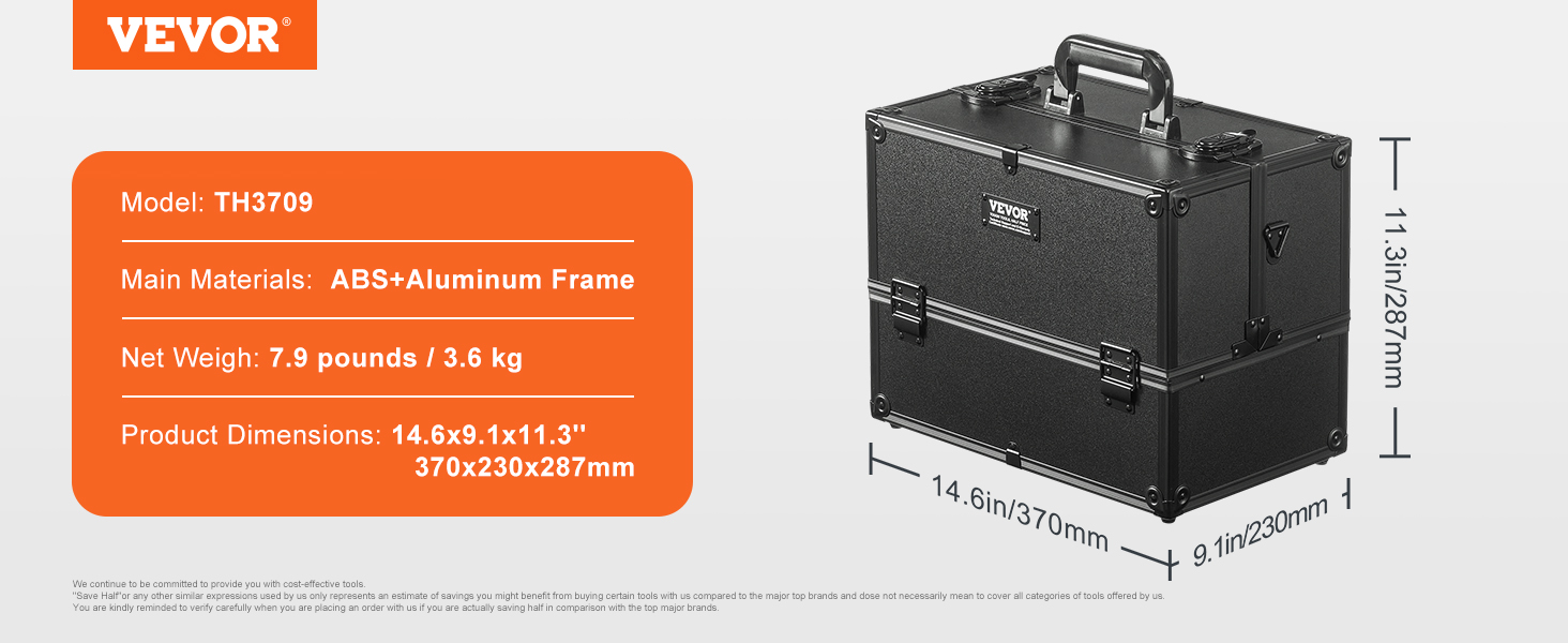 VEVOR makeup train case, model th3709, abs+aluminum, 7.9 lbs, 14.6x9.1x11.3 in, black.