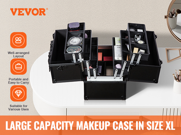 VEVOR makeup train case: large capacity, xl size, well-arranged layout, easy to carry, suitable for various uses.