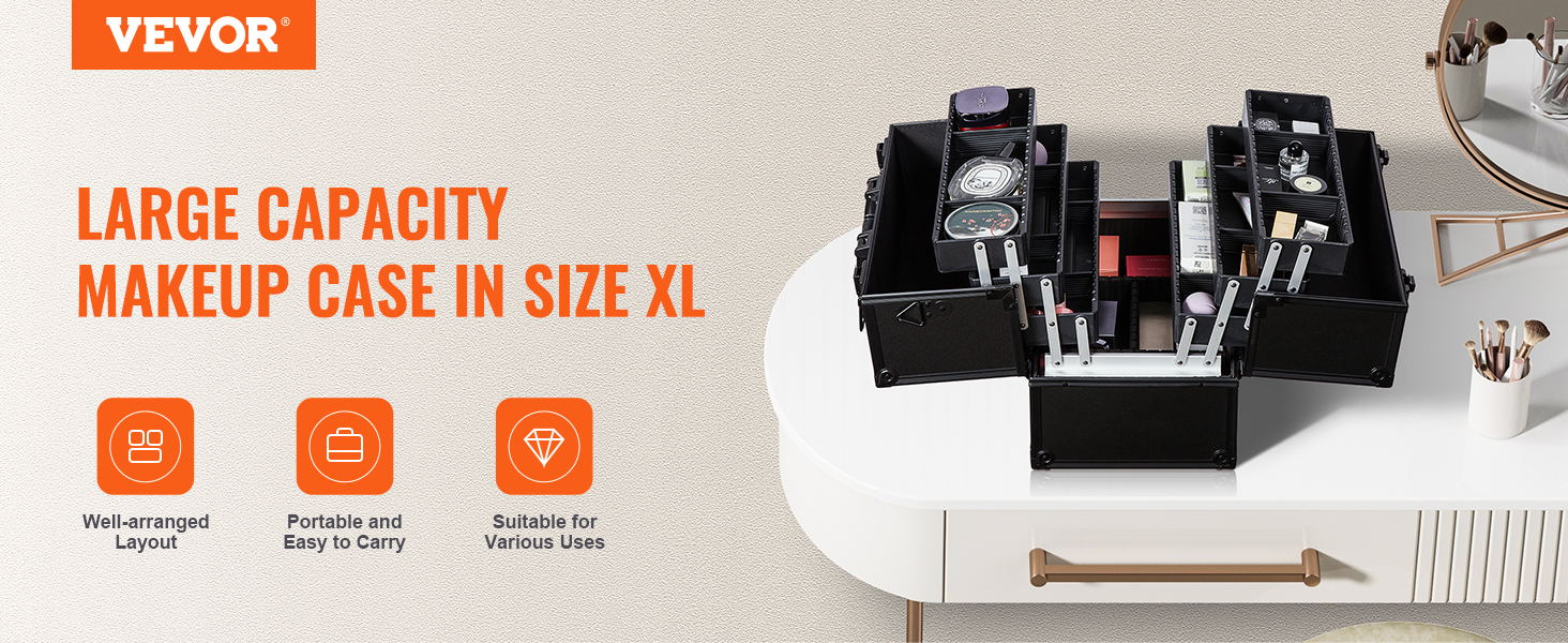 VEVOR makeup train case: large capacity, xl size, well-arranged layout, easy to carry, suitable for various uses.