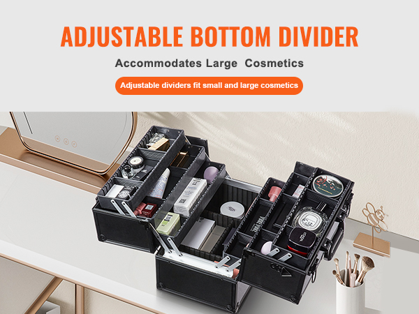 VEVOR makeup train case with adjustable dividers for large cosmetics on a vanity table.