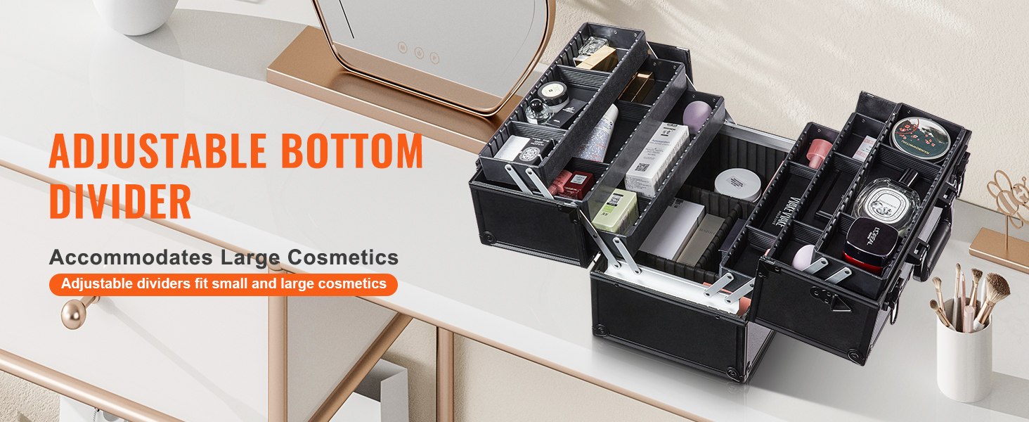 VEVOR makeup train case with adjustable dividers for large cosmetics on a vanity table.